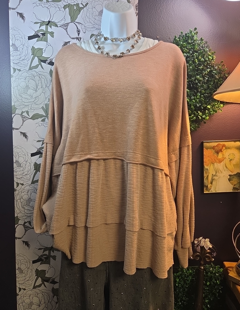 Pink Lily Layered Waffle-Knit Tunic Top - Camel Beige